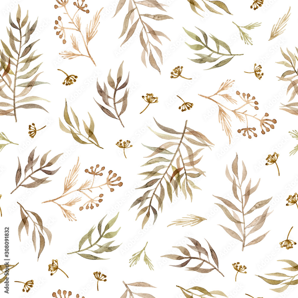 Fototapeta premium watercolor branches, leaves and herbs. hand painting seamless pattern on a white background