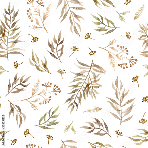 watercolor branches, leaves and herbs. hand painting seamless pattern on a white background