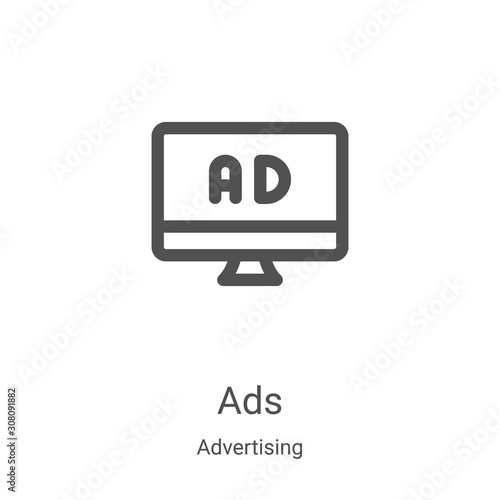 ads icon vector from advertising collection. Thin line ads outline icon vector illustration. Linear symbol for use on web and mobile apps, logo, print media