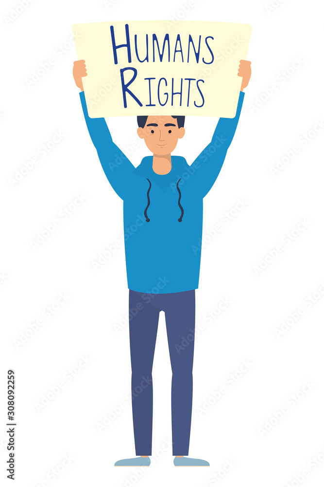 young man with human rights label character young man with human rights label character