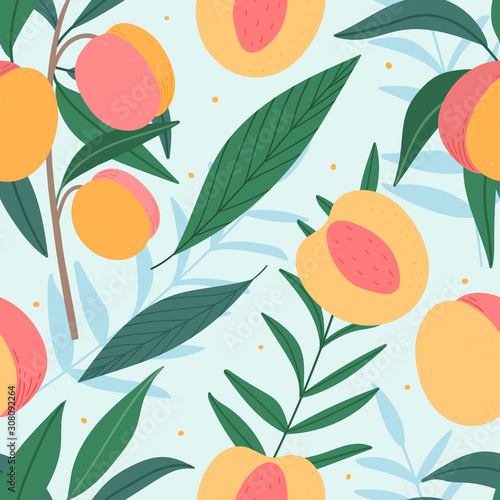 Peaches hand drawn seamless pattern for print, textile, fabric. Modern fruits kids background.