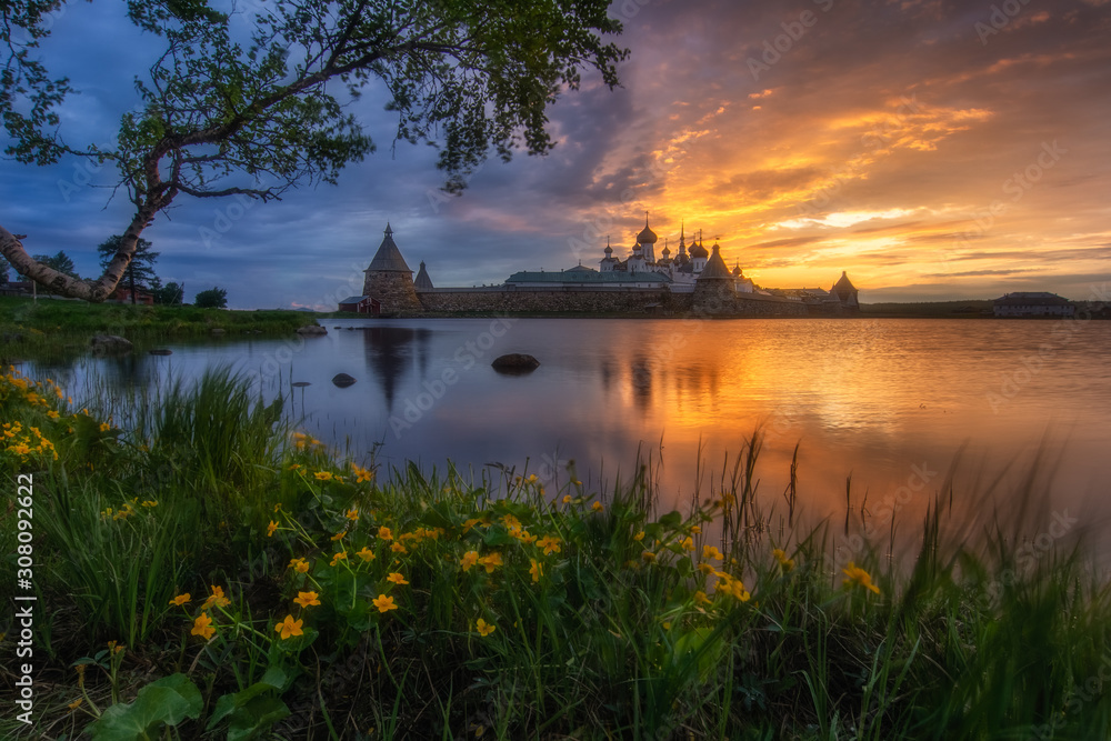 Beautiful Sunrise above at Solovetsky monastery, Russia