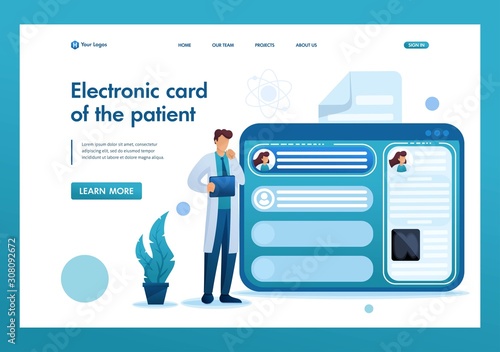 Doctor looks at the patient's electronic chart on the tablet. Flat 2D character. Landing page concepts and web design