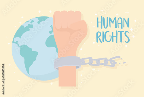 human rights, hand with handcuffs and chain world