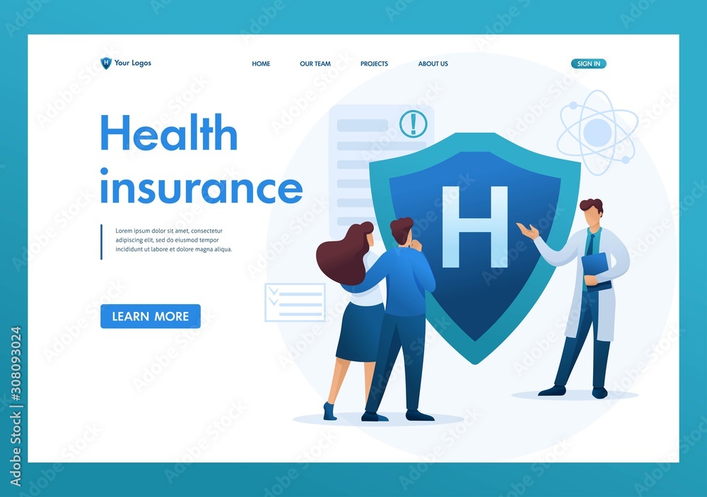 Young doctor offers health insurance to the couple. Flat 2D character. Landing page concepts and web design Young doctor offers health insurance to the couple. Flat 2D character. Landing page concepts and web design