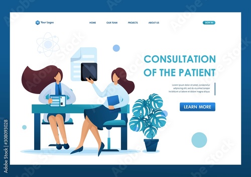 Young woman doctor advises the patient. Health care concept. Flat 2D character. Landing page concepts and web design