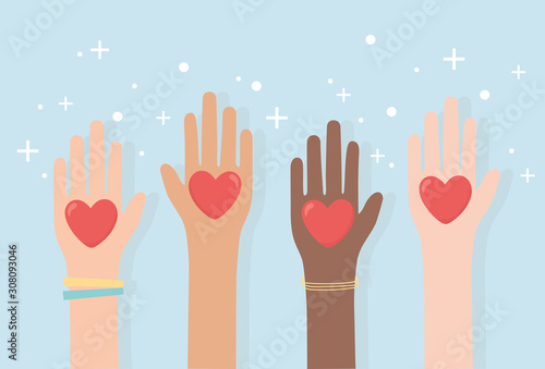 human rights, raised hands diversity with hearts love