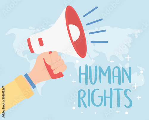 human rights, hand with megaphone world map