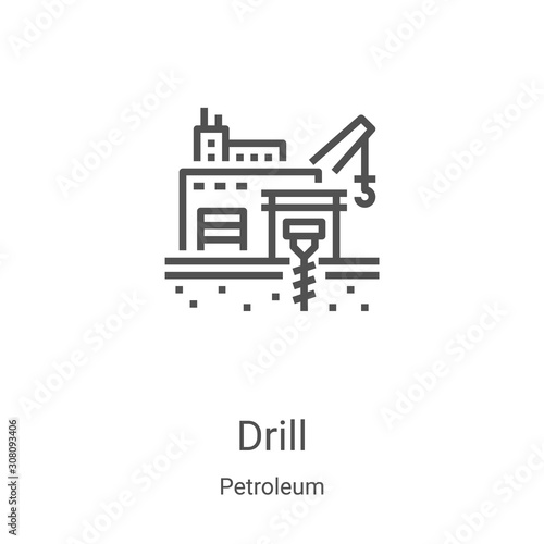 drill icon vector from petroleum collection. Thin line drill outline icon vector illustration. Linear symbol for use on web and mobile apps, logo, print media