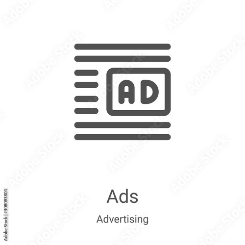 ads icon vector from advertising collection. Thin line ads outline icon vector illustration. Linear symbol for use on web and mobile apps, logo, print media