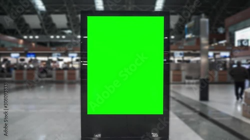 Airport hall billboard mock up with green screen, alpha channel. Business concept, indoor board, empty frame with chroma key. 