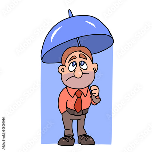 Sad and displeased man in a tie with an umbrella in the rain. Cartoon vector illustration of a caricature.