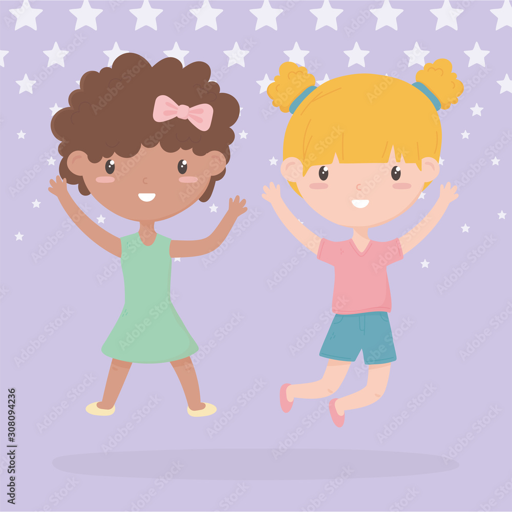 happy childrens day, two little girls with hands up celebrating cartoon happy childrens day, two little girls with hands up celebrating cartoon