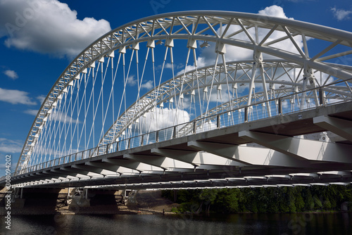 New white Strandherd Armstrong steel suspension bridge over the Rideau River Ottawa