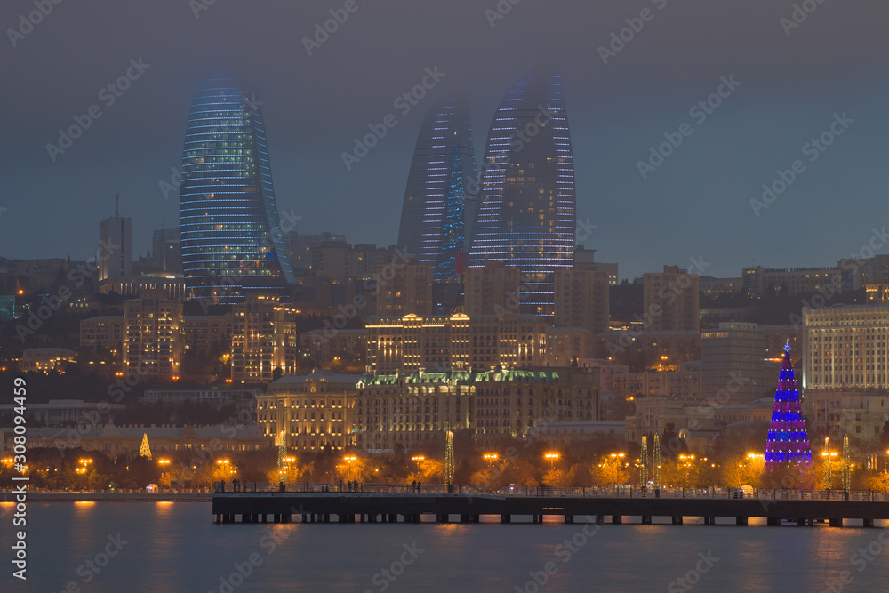 View of the Flame Towers on a gloomy January evening, Baku