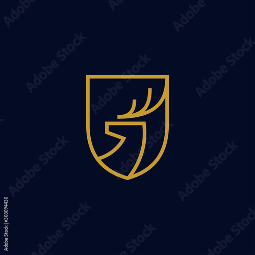 simple elegant line art, linear, outline deer and shield logo, badge, emblem, label design. universal premium deer, elk moose, antlers brand template illustration