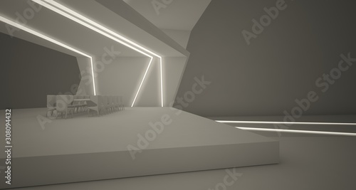 Abstract architectural white interior of a minimalist house with swimming pool and neon lighting. 3D illustration and renderin