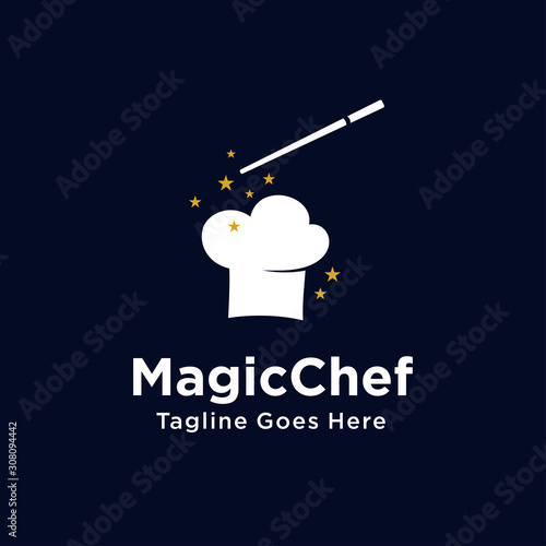 unique Magic Chef logo with chef hat and wand concept design. restaurant, food master emblem symbol icon