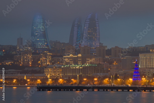 View of the Flame Towers on a gloomy January evening  Baku