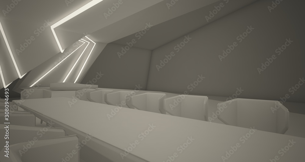 Fototapeta premium Abstract architectural white interior of a minimalist house with swimming pool and neon lighting. 3D illustration and renderin
