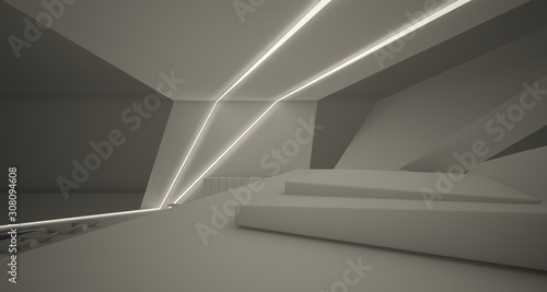 Abstract architectural white interior of a minimalist house with swimming pool and neon lighting. 3D illustration and renderin