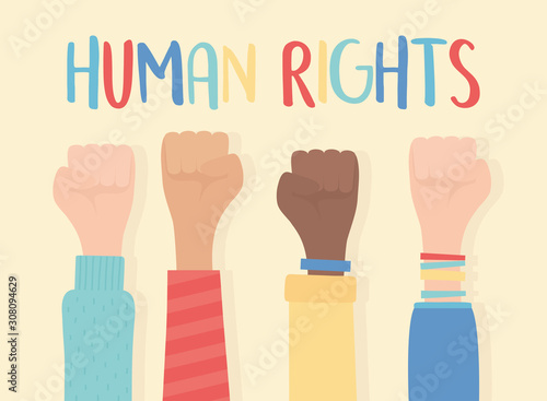human rights, raised hands in fist gesture inscription