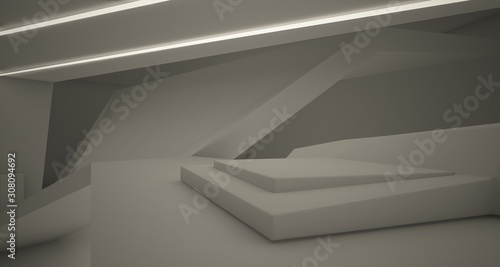 Abstract architectural white interior of a minimalist house with swimming pool and neon lighting. 3D illustration and renderin