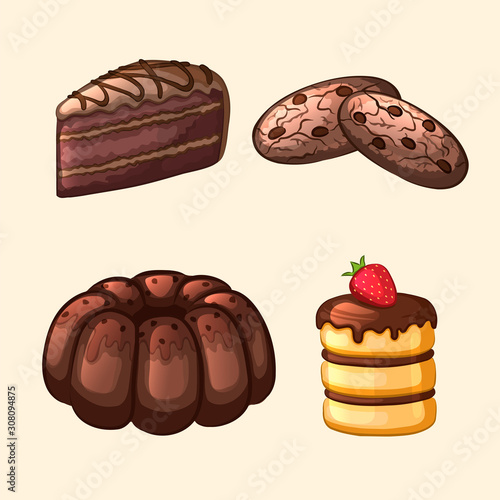 Confectionery. Chocolate cakes, biscuits and cookies. Desserts. The cartoon style. Vector illustration.