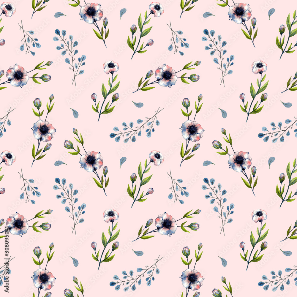 watercolor herbs and flowers. seamless pattern with pink background watercolor herbs and flowers. seamless pattern with pink background