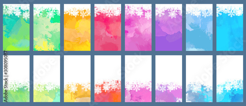 Christmas and New Year colorful watercolor background template bundle set with snowflakes