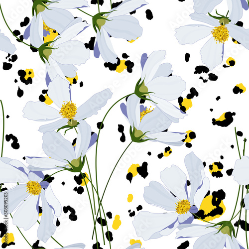 Abstract fashion style seamless background. Vector floral print with plants cosmey. Jaguar illustration on blue flower pattern for wallpaper design.