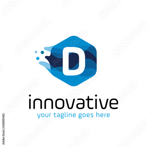 modern letter D technology logo design vector with hexagon and blue wave motion concept. multimedia, digital, innovation, creative industry symbol icon