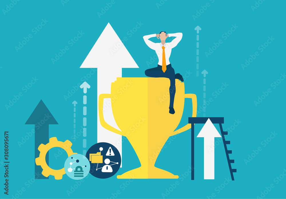 Businessmen sits and relax on the golden trophy as winner. investor, business adviser, professional in finance industry character Businessmen sits and relax on the golden trophy as winner. investor, business adviser, professional in finance industry character