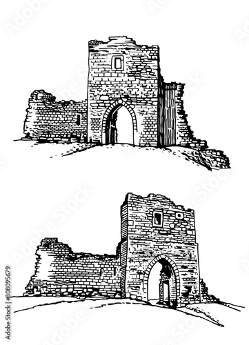 Graphical set of Kremenets Castles isolated on white background, vector illustration, Ternopil oblast,Ukraine