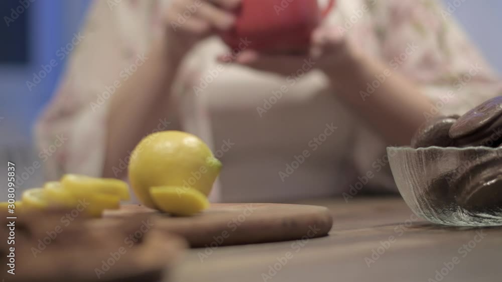 young, beautiful mother and daughter drink tea with cookies in the kitchen. A young family in a beautiful large kitchen eats cookies and drinks tea. young, beautiful mother and daughter drink tea with cookies in the kitchen. A young family in a beautiful large kitchen eats cookies and drinks tea.