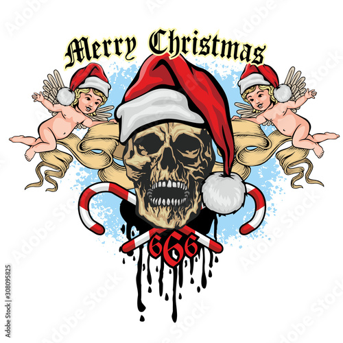 Xmas sign with skull and Santa Claus  grunge vintage design t shirts