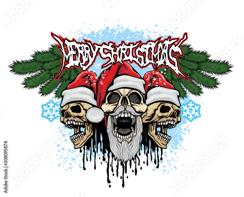 Xmas sign with skull and Santa Claus, grunge vintage design t shirts