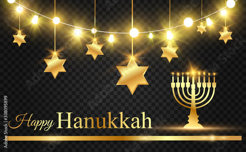  Hanukkah greeting card on the background of the beautiful stars of David and the Israeli candlestick.