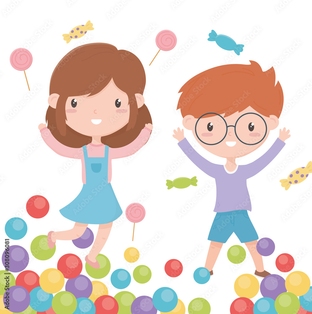happy childrens day, smiling little boy and girl candies and colorful balls happy childrens day, smiling little boy and girl candies and colorful balls