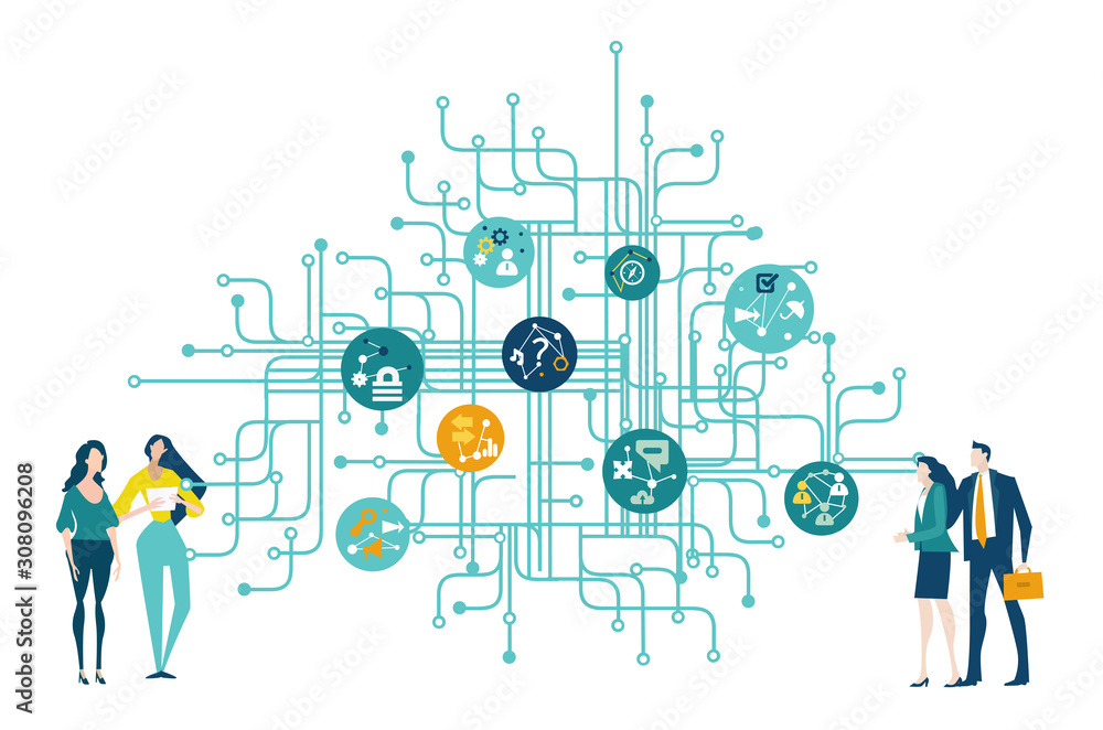 Business people trying get own place in business in the modern internet environment. Hightech electronic, microchips, icons and communication symbols at the background. Business concept illustration. Business people trying get own place in business in the modern internet environment. Hightech electronic, microchips, icons and communication symbols at the background. Business concept illustration.