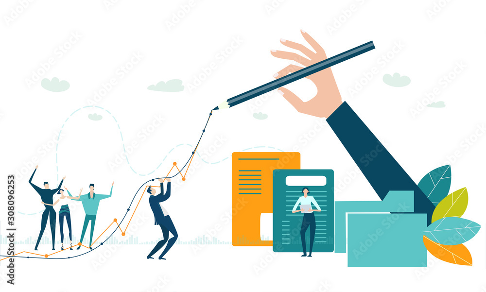 Hand of businessmen drawing the growth line up as symbol of stability in business, control and support. Little happy people working in office Hand of businessmen drawing the growth line up as symbol of stability in business, control and support. Little happy people working in office