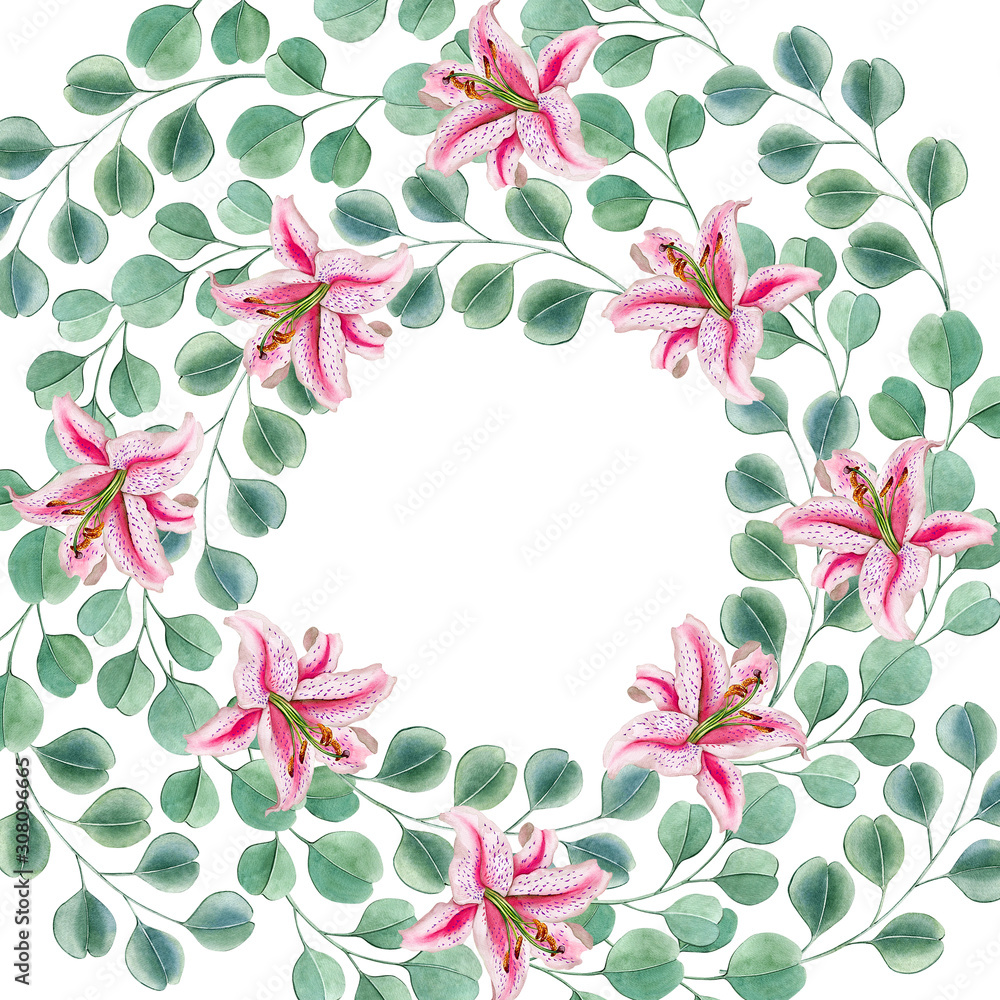Watercolor hand drawn lilly wreath illustration. Can be used as wedding invitation, print, postcard, packaging design, element design, template, textile design,sticker, tattoo and so on. Watercolor hand drawn lilly wreath illustration. Can be used as wedding invitation, print, postcard, packaging design, element design, template, textile design,sticker, tattoo and so on.