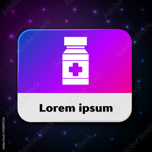 White Dog medicine bottle and pills icon isolated on black background. Container with pills. Prescription medicine for animal. Rectangle color button. Vector Illustration