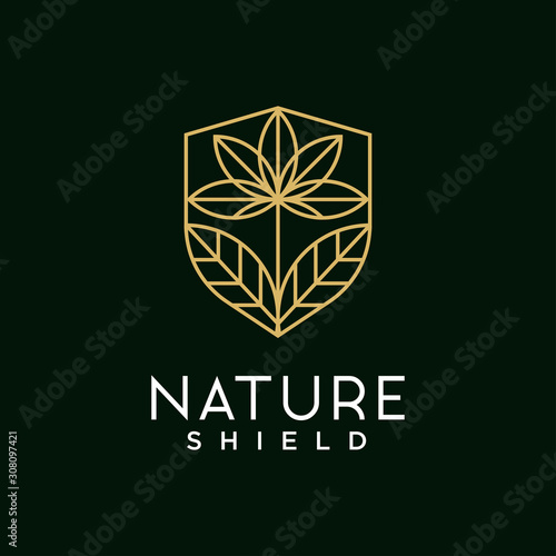 luxury flower nature shield logo concept. flower icon and shield icon. eco company logo. nature conservation logo. nature protection logo