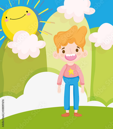 happy children day  little boy smiling character in the field sunny