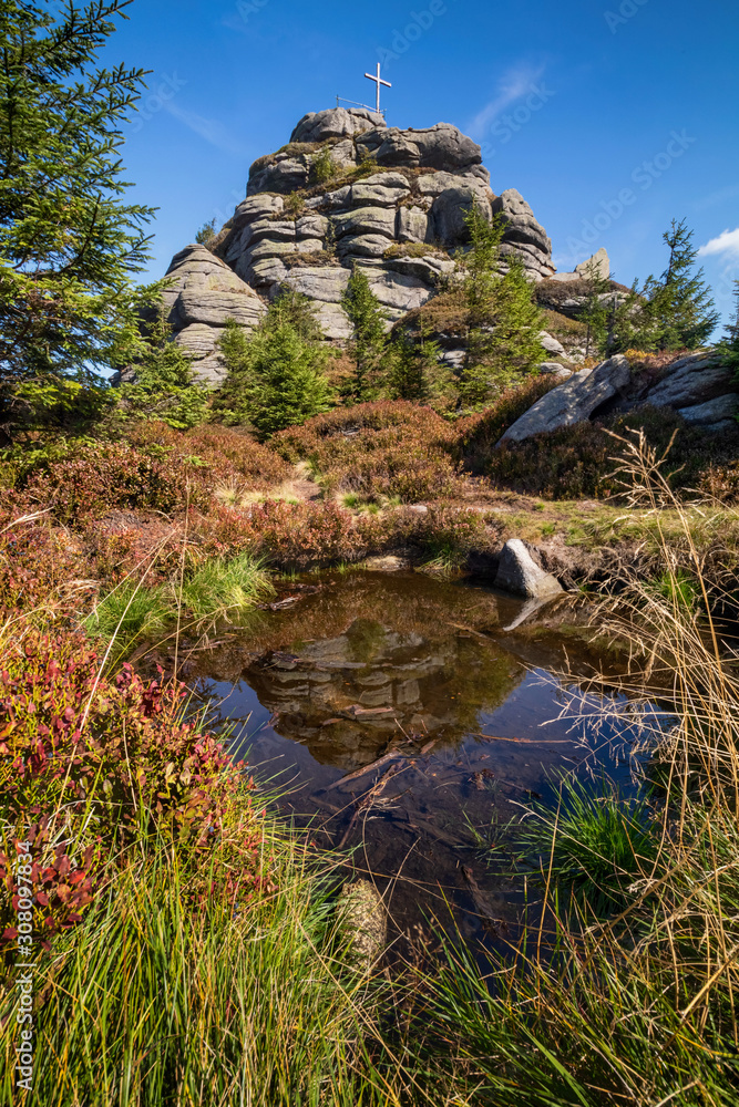 The summit of mount Jizera, Jizerske Mountains, Czech Republic, Northern Bohemia. Beautiful rock on top of Jizera