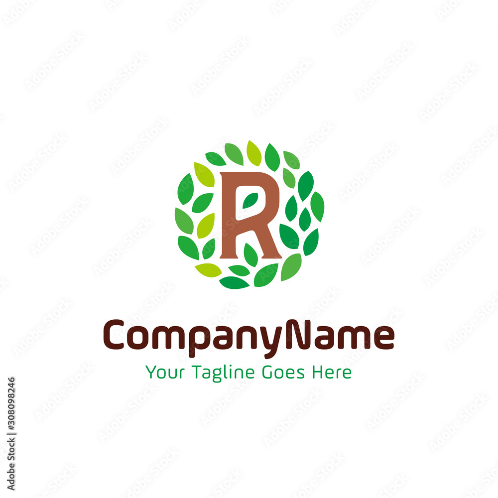 initial R nature leaf logo. letter R and rounded leaves concept design vector template illustration. natural, eco company, garden park, real estate symbol icon