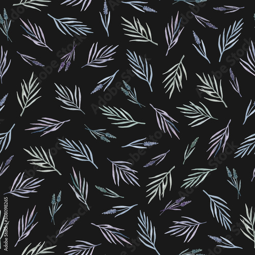 watercolor hand painted wild herbs seamless pattern on a dark background