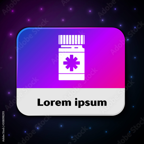 White Dog medicine bottle and pills icon isolated on black background. Container with pills. Prescription medicine for animal. Rectangle color button. Vector Illustration
