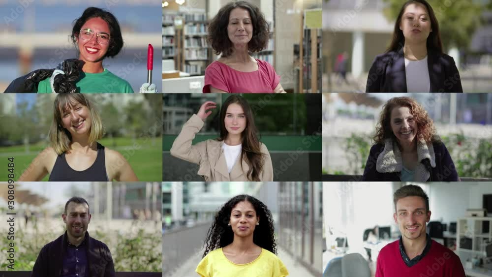 Diverse people talking and smiling at camera. Multiscreen montage of cheerful multiethnic men and women posing and smiling at camera. Facial expression concept
